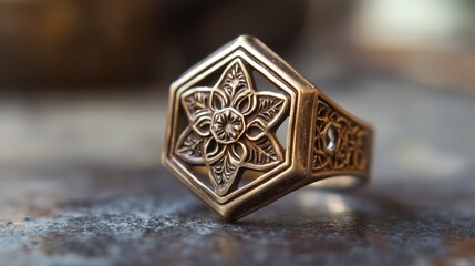 A unique hexagonal ring with an intricate design displayed on a neutral surface.