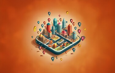 Obraz premium Isometric view of a miniature city surrounded by pin markers.