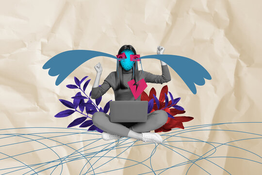 Trend artwork image photo collage of copyspace young woman sad face bad mood cry water sit work laptop hear broken unloved upset summer