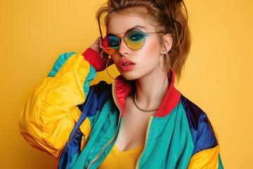 Cool teenager. Fashionable DJ girl in colorful trendy jacket and vintage retro sunglasses enjoys style of 80s, 90s vibes. Teenager Girl at disco party. Young fashion model