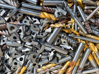 Tungsten cutting tips and drills ready to be recycled