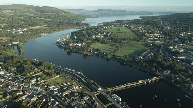 Aerial View Of Killaloe Bridge On River Shannon In Killaloe Town, County Clare, Ireland. pullback shot