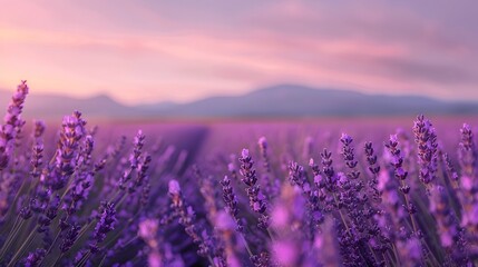 Fototapeta premium A serene lavender field at sunset, showcasing vibrant purple blooms against a picturesque mountainous backdrop.