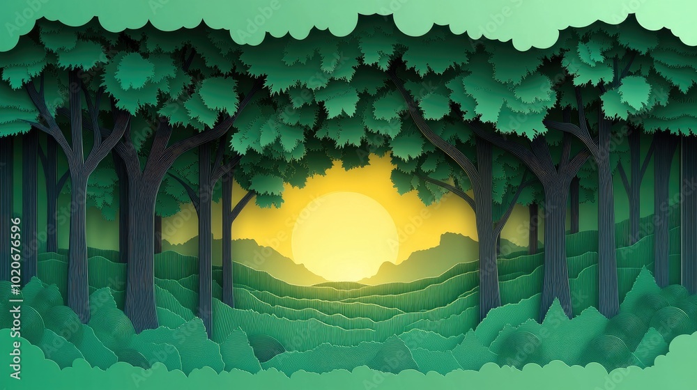 Poster morning sunlight filtering through trees with a layer of green mist below morning sunlight shining t