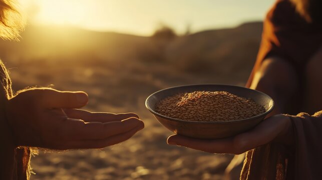 image of jacob from the Bible offering Esau a bowl of lentils in the desert