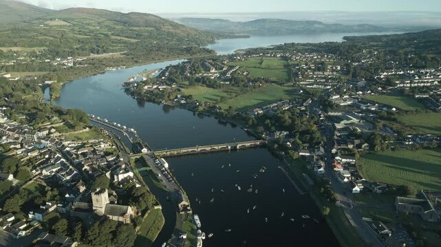 Killaloe Bridge And Boats On River Shannon In Killaloe Town, County Clare, Ireland. aerial shot