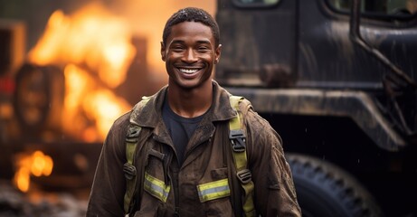 Fototapeta premium Portrait of a tired firefighter in a protective suit and a protective helmet sitting by a fire engine after returning to the fire department