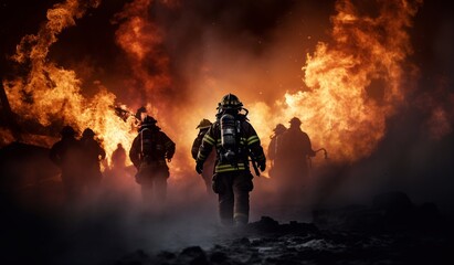 Fototapeta premium Silhouette firefighter force on the Large fire.