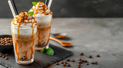 A delicious desert scene featuring two tall glasses of creamy drinks topped with whipped cream, caramel sauce, and crunchy toppings, garnished with mint.