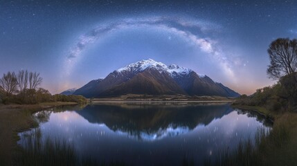 Milky Way Arch Over a Mountain and Lake at Night