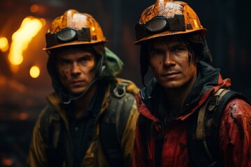 Naklejka premium Two firefighters in protective clothing in helmets with fire engine.