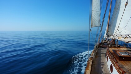 Fototapeta premium A view from the deck of an old wooden sailboat sailing on calm blue waters, with clear skies above and a distant horizon.