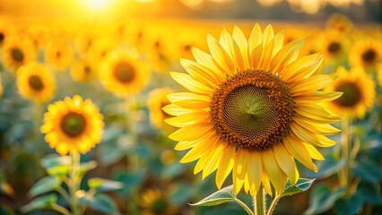 Forced perspective sunflower close-up with other sunflowers out of focus