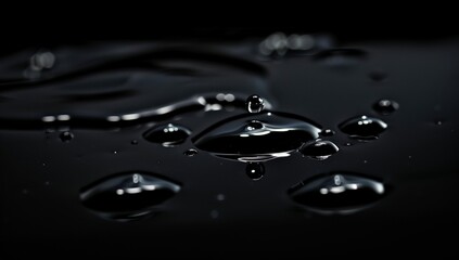 Black background, water droplets floating on the surface of a liquid metal