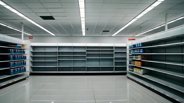 Empty Store Shelves in Supermarket with Minimal Stock

