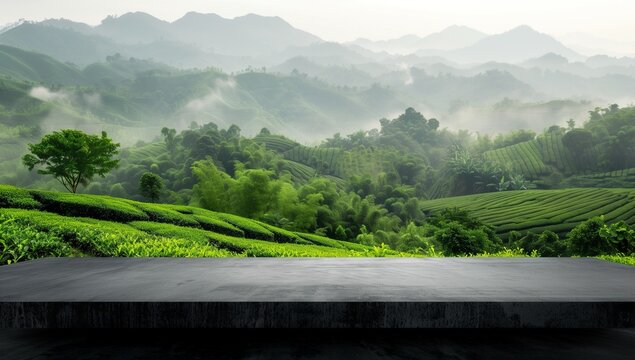 Empty concrete table with a tea garden landscape background, green mountains, and a foggy valley in the Chinese style