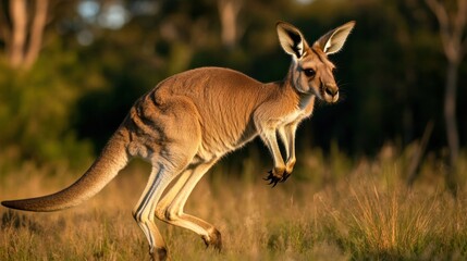 Kangaroo mid-leap in the outback, representing freedom and nature's beauty