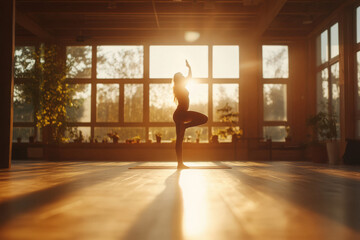 A woman practicing yoga in a spacious studio