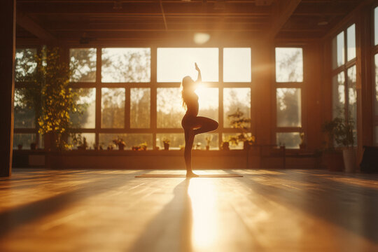 A woman practicing yoga in a spacious studio