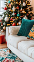A christmas tree in a living room with a white couch