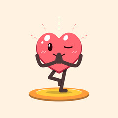 Cartoon happy heart character doing yoga for design.