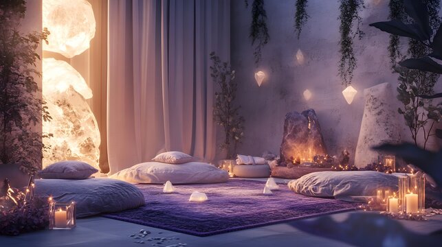 A cozy meditation area adorned with soft fabrics, crystals, and gently lit candles, creating a soothing and restorative space perfect for relaxation, captured in a 3D illustration 
