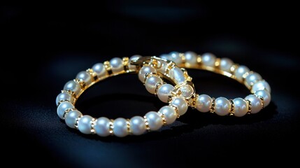 Pearl hoop earrings arranged on a sleek, black background, contrasting with their soft glow.
