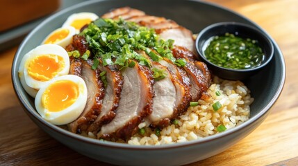 Pork leg rice topped with rich, succulent pork, soft eggs, and pickled mustard greens, served with a dipping sauce on a wooden table.