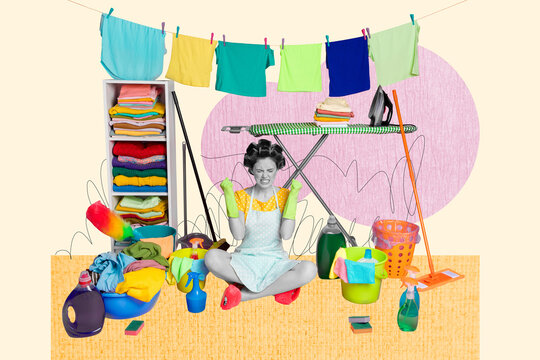 Creative collage picture young woman houseworker duty irritated annoyed overworked overwhelmed laundry clothes hanging drawing doodles