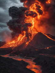 Fototapeta premium An ash-filled sky with swirling clouds and glowing lava illuminating the landscape below, creating a scene of raw natural power 