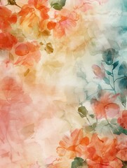 Fototapeta premium Delicate watercolor blooms in soft colors evoke a tranquil spring vibe, blending gentle hues of orange, pink, and green gracefully. Generative AI