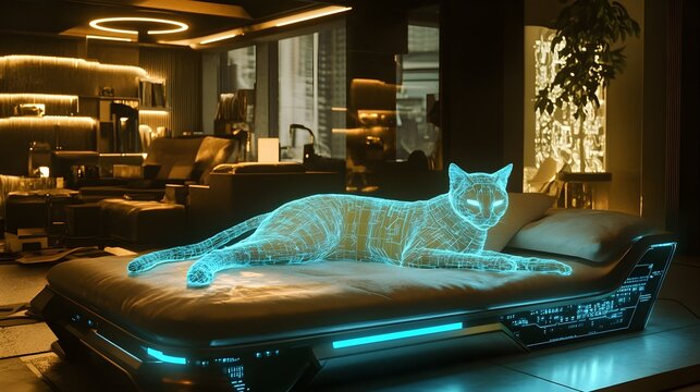 A sleek, cybernetic cat with glowing blue circuitry resting on a futuristic couch in a modern room, surrounded by minimalistic furniture and ambient lighting, embodying a harmonious mix of technology 