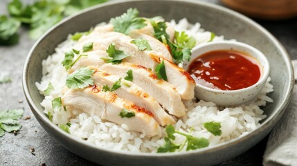Steamed rice with tender chicken breast slices, garnished with fresh herbs and served with a tangy, spicy dipping sauce.