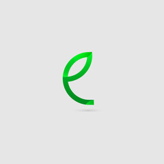 Letter E logo with green leaf design. Vector illustration