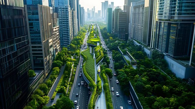 A visual of a city with reduced emissions, featuring electric vehicles, green rooftops, and energy-efficient buildings, showcasing the implementation of carbon management strategies to achieve 