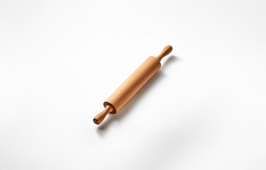 A wooden rolling pin lays on a plain white background.