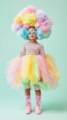 Fototapeta premium A little girl wearing a colorful wig and sunglasses
