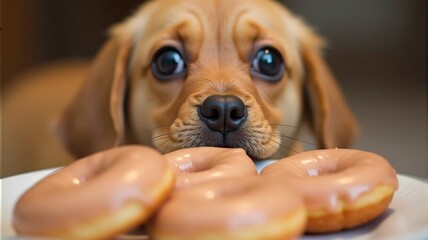 Sweet Puppy Love and Donuts. Dog enjoying a delicious donut. A dog looks at sweets with interest
