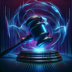 Holographic projection of a judicial gavel appearing in the air with a ethereal glowing quality