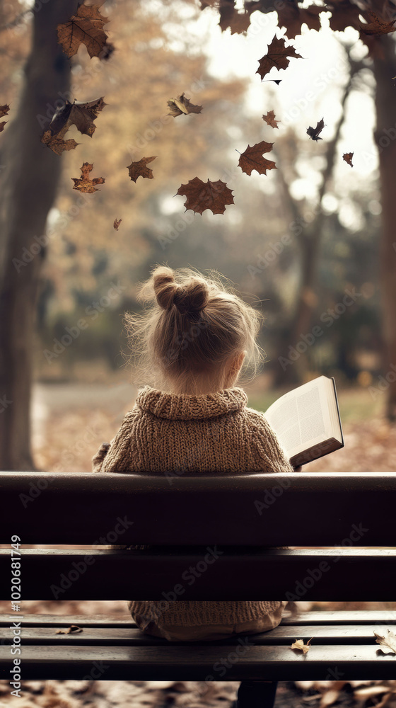 Canvas Prints A little girl sitting on a bench reading a book