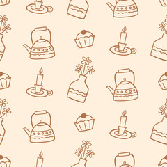 Cozy Tea Time Doodle Sketch Cute Seamless Pattern