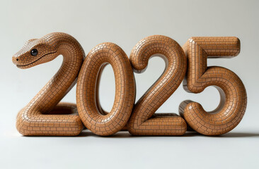 The wooden numbers 2025 stand on a light surface, the number 2 is in the form of a snake, the symbol of the year.