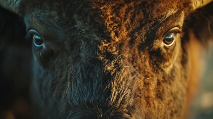 Closeup of a powerful bison's face