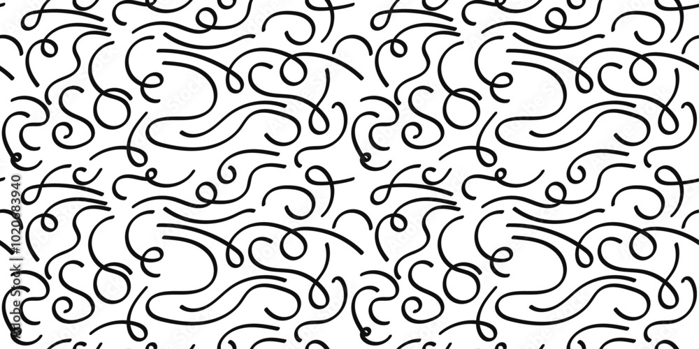 Poster Black curly line curls. Stylish black and white pattern of swirling lines. Vector curls on a white background.