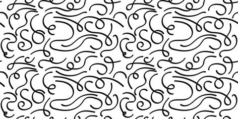 Black curly line curls. Stylish black and white pattern of swirling lines. Vector curls on a white background.
