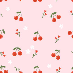 Seamless pattern with cherry fruit, heart shape flower on pink background vector. 