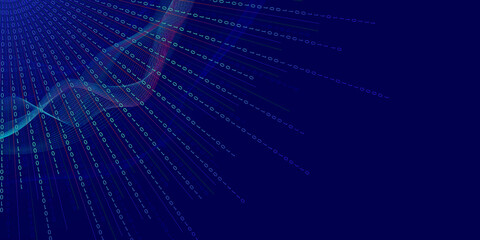 Cyberspace, coding, big data, analytics concept. Abstract digital splash with binary code lines coming from the top corner on blue background for presentations, web design and technical theme projects