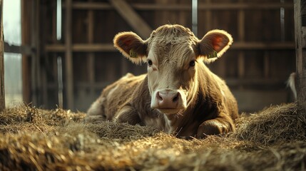 Fototapeta premium Curious cow in a barn