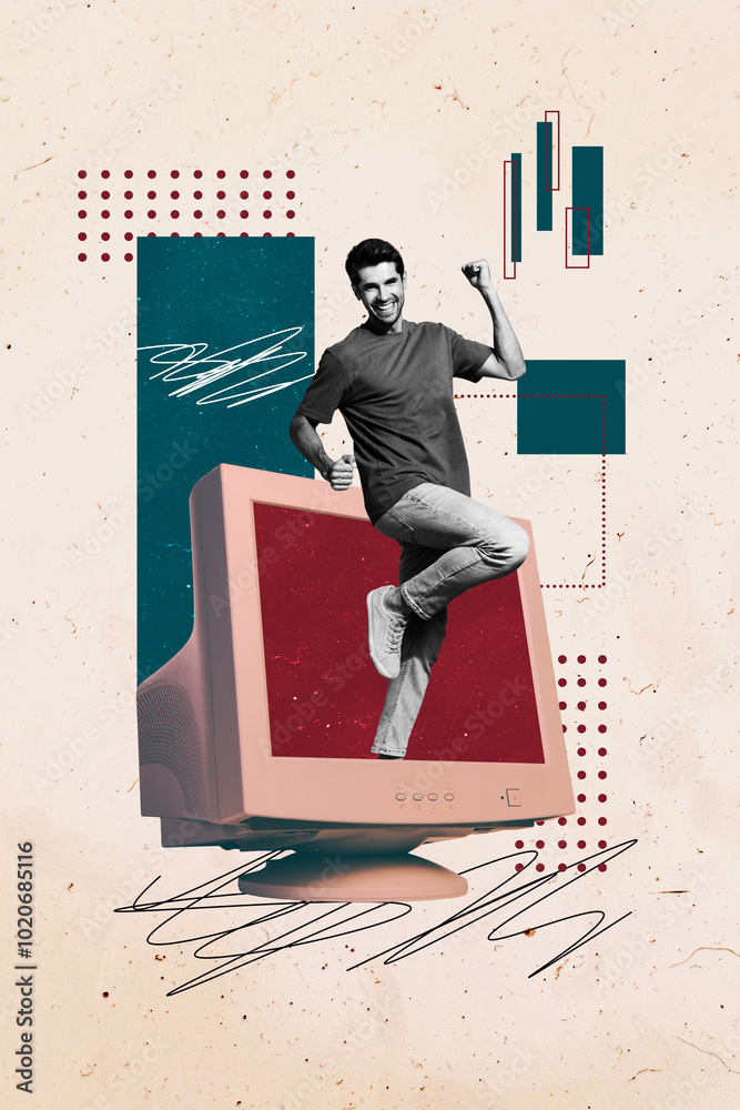 Poster trend artwork composite sketch image photo collage of workspace young man appear display computer mo