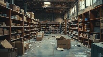 Obraz premium Abandoned warehouse library with scattered boxes